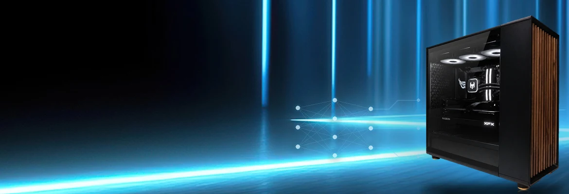 KI Workstation von HI-TECH vor blauem Neon-Hintergrund mit angedeutetem neuronalem Netz